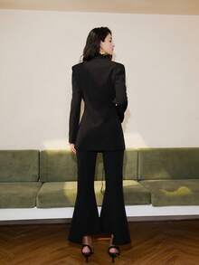 Solid Color Cross Tie Waist Double Pocket Blazer - Black - View 2