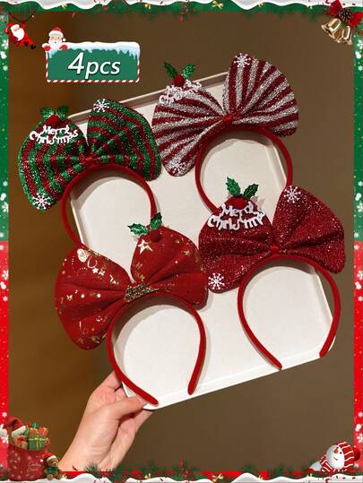 4 piezas Accesorios para el cabello de Navidad, gran lazo dulce diadema, adecuado para recogido diario y diadema para lavarse la cara para fiestas navideñas, ambiente de vestimenta navideña de moda, envía a tu novia un regalo de accesorios para el cabello de Navidad, aro para el cabello, diadema para mujeres