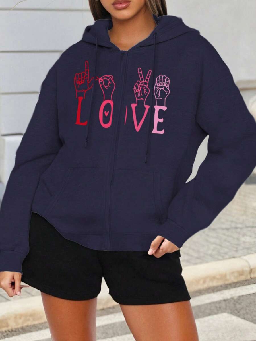 Mujer005 Sudadera con capucha con cremallera del Día de los Muertos invierno sudadera de manga larga cómoda suave Sudadera de capucha con cremallera azul oscuro con el logotipo de las manos y la palabra "LOVE" que transmite un mensaje de amor y positividad - Azul - Ver 1