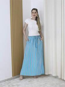 Steve Store Women's Fashion Striped Viscose Skirt With Lining, Pocket And Side Slit, Elasticated Waist - Màu xanh lam - Xem 2