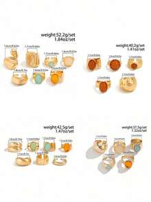 7pcs Vintage European & American Style Luxury Fashion Gemstone Inlaid Rings, Asymmetrical Thick Metal Golden Rings Set, Women Daily Party & Banquet Decorative Jewelry Set - Vàng - Xem 10