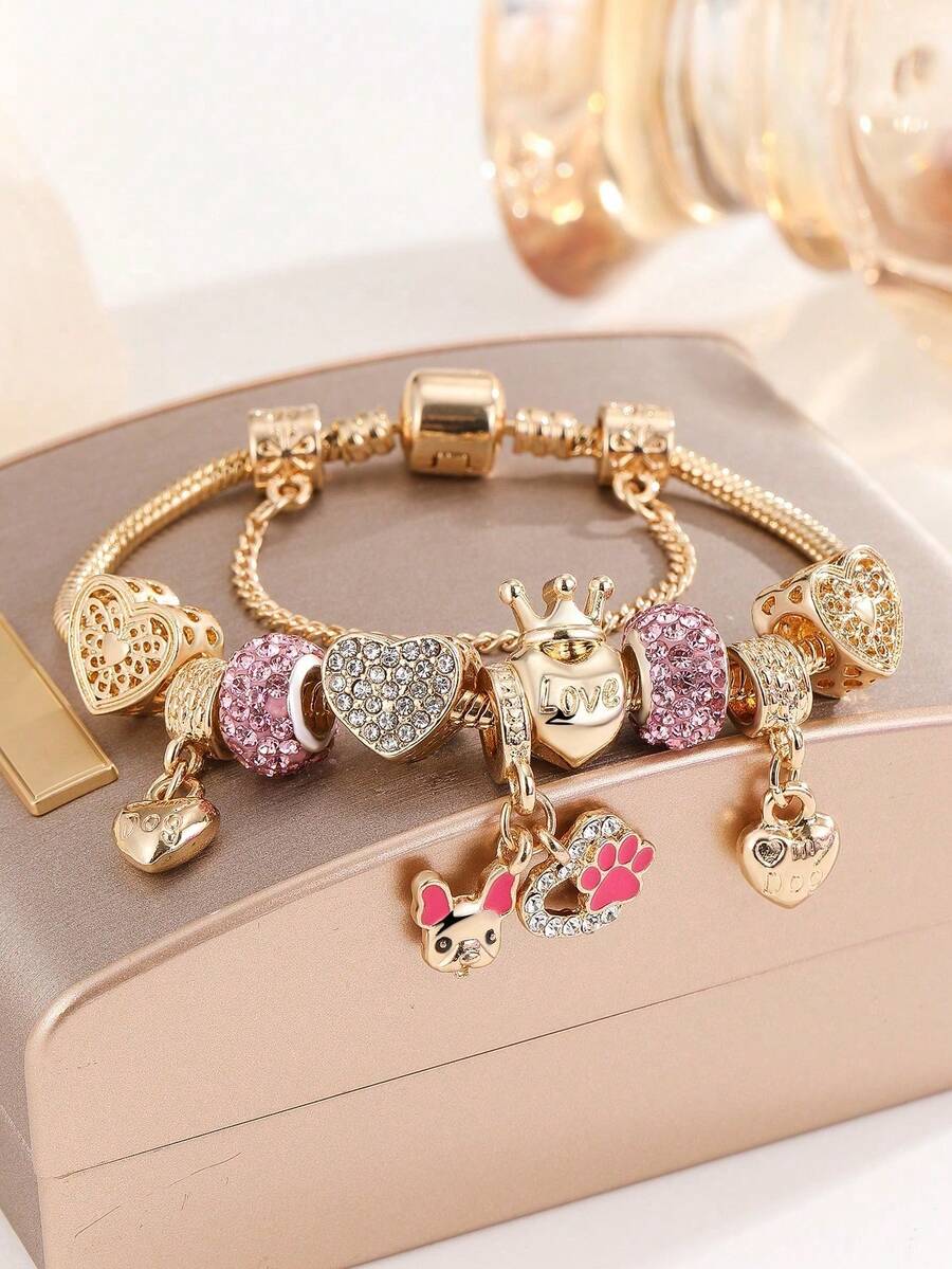 1 件 7.09+1.97 英寸圣诞节 DIY 锌合金手链适合男女情侣佩戴爱心皇冠小狗吊坠带水钻挂珠珠宝手链 - 彩色 - 查看 1