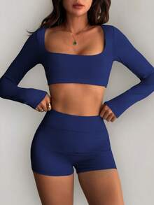 Women's Fall Women Clothes Square Neck Long Sleeved Ultra Short Top Tight Short Casual Sports Set, Suitable For Sports, Home, And Fitness Tracksuit - Navy Blue - View 10