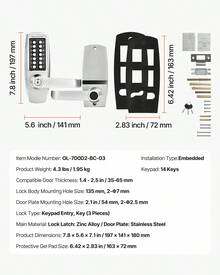Mechanical Keyless Entry Door Lock, 14 Key Mechanical Door Lock With Keys, Mechanical Keypad Door Lock With Handle, Stainless Steel Waterproof Keyless Gate Lock, For Home Office Outdoor Garage - Single Side With Keys Silver - View 7