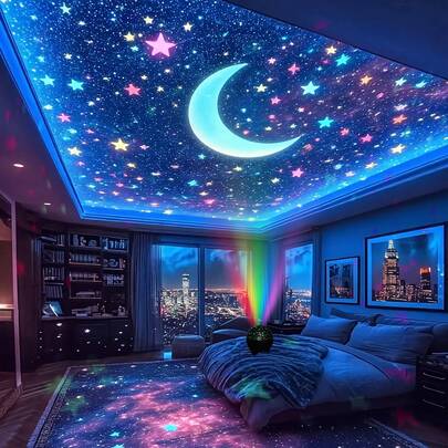 USB Powered RGB LED Night Light With Star And Moon Projection - Color Changing Ambient Projector For Room, Living Room Or Party Decor, Bedroom Night Light, Star Light, Ceiling Light, Moon Projector, Projection Lamp, Bedroom LED Light, Night Light, Room Decor, Living Room Lamp