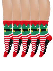 5 Pairs Christmas Elf Pattern Mid-Calf Socks, Comfortable & Soft, Unisex Design, Great Christmas Gift For Family And Friends - Multicolor - View 1