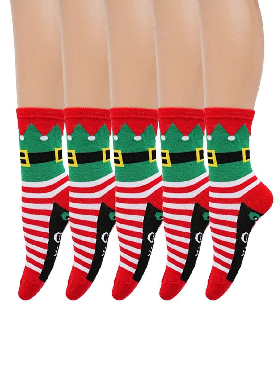 5 Pairs Christmas Elf Pattern Mid-Calf Socks, Comfortable & Soft, Unisex Design, Great Christmas Gift For Family And Friends - Multicolor - View 1