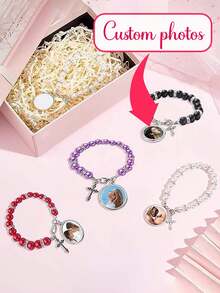 Custom Rosary Bracelet With Picture And Name, Personalized Cross Bracelet, Unisex, Customized Christian Catholic Gift, Heat Transfer Rosary Metal Jewelry Bracelet, Heat Transfer Cross Diy Drawing Bracelet, Gift For Classmates, Family And Friends, Holiday Gift - Multicolor - View 1