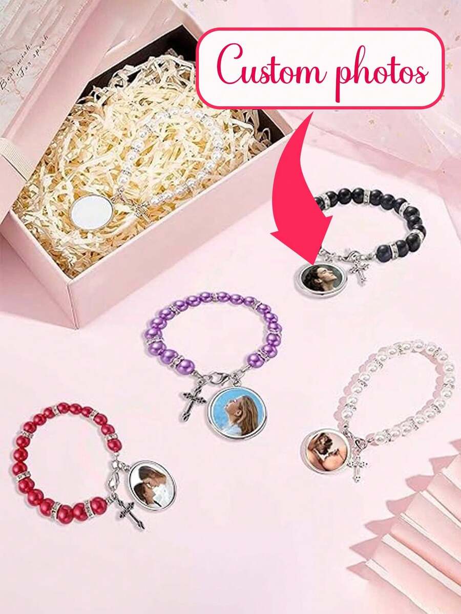 Custom Rosary Bracelet With Picture And Name, Personalized Cross Bracelet, Unisex, Customized Christian Catholic Gift, Heat Transfer Rosary Metal Jewelry Bracelet, Heat Transfer Cross Diy Drawing Bracelet, Gift For Classmates, Family And Friends, Holiday Gift - Multicolor - View 1