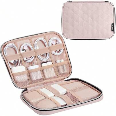 Portable Travel Organizer Bag, Tech Storage Bag Cord,, Phone, Earphone, Hard Drive, USB, Card And Electronic Accessories, Pink