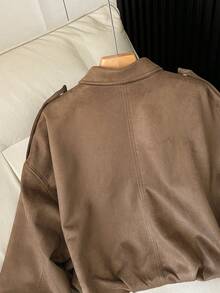 FGGG Brown Short Suede Jacket For Women Autumn Winter Stitched Collar With Long Sleeves Relaxed Fit Versatile Layering Women's Top For Casual Outings Gatherings And Commuting