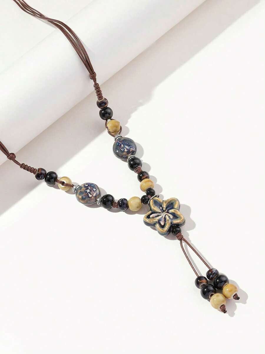 1 pieza Collar con colgante de flor con decoración de cuentas estilo bohemio para mujeres, para decoración diaria y San Valentín - Multicolor - Ver 1