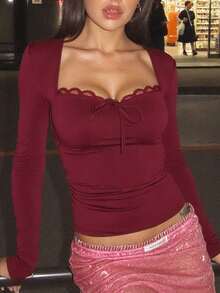 女士纯色蕾丝方领紧身胸衣，性感修身时尚上衣，个性街头休闲舞会上衣 - 紅色 - 查看 2