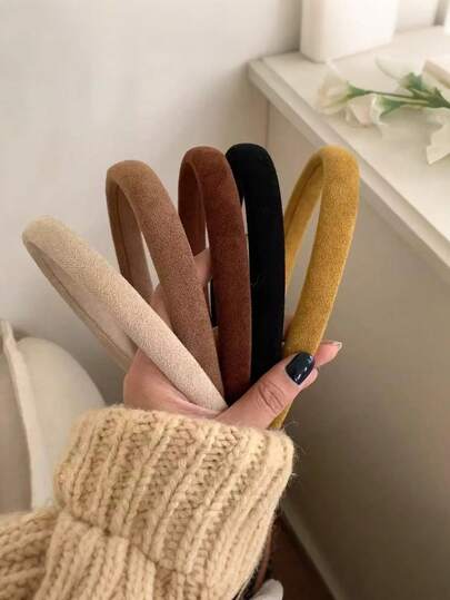 1个/5个装女士绒面海绵发箍，黑色/米色/棕色/黄色/卡其色可选，时尚简约纯色发饰，适合日常佩戴、通勤、发型设计、化妆、搭配服装，女士发箍头饰