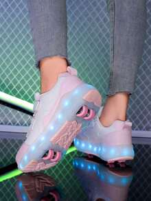 Teenagers' LED Light Up Roller Skate Shoes With Wheels, Retractable For Spring, Summer, Autumn And Winter, All-Season LED Light Wheels Sports Shoes With Fashionable Street Style Plaid, Equipped With Hook And Loop And Rechargeable Lithium Polymer Battery, Low-Top Roller Skating Outdoor Shoes With Breathable PU Upper And Durable TPR Sole - Hồng - Xem 5