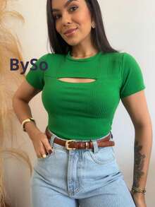 Women's Ribbed Blouse, Open Neckline, Short Sleeve, Casual Everyday Blouse - Green - View 2