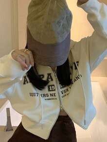 字母印花宽松版型多功能双向拉链抽绳卫衣