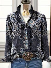 [Vintage Paisley Blouse] Vintage Paisley Print Women's Ruffle Collar Blouse | Long Sleeve Button-Up Shirt With Decorative Belt, Blue & White Floral Pattern, Perfect For Fall/Winter, Autumn Winter Apparel - Xám đậm - Xem 3