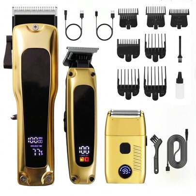 超豪华男士专业理发器套装 3 件套无线电动剃须刀 LED 显示屏灯零间距毛发修剪器