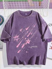 Summer Tops2026EWH Vintage Distressed, Meteor Print T-Shirt, Short Sleeved, Loose Fit, Short Sleeved TopDG0004summer Clothes - Purple - View 1