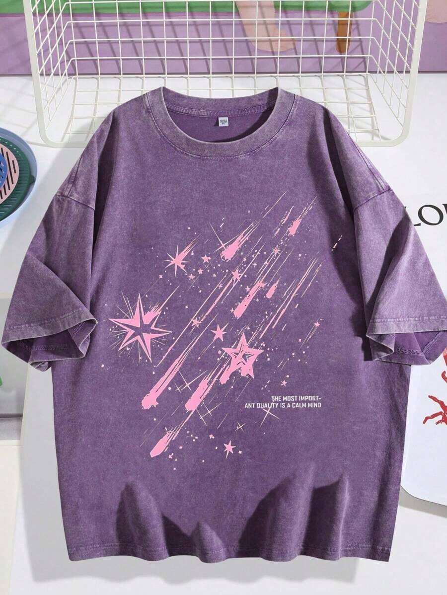 Summer Tops2026EWH Vintage Distressed, Meteor Print T-Shirt, Short Sleeved, Loose Fit, Short Sleeved TopDG0004summer Clothes - Purple - View 1