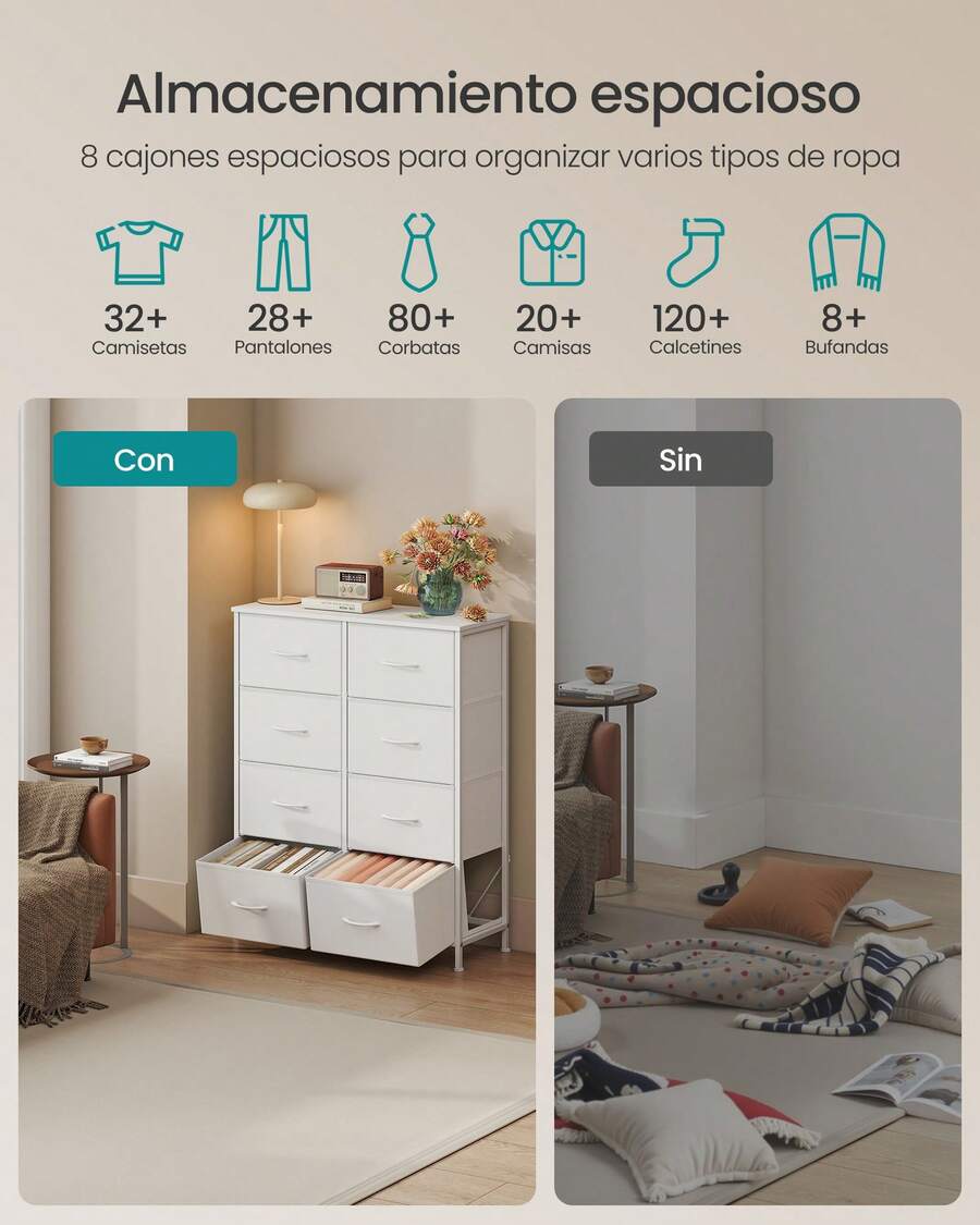Cómoda, 8 Cajones de Tela, Acero, MDF, Tela no Tejida, para Dormitorio, Armario, Pasillo, Salón, Blanco Nube y Blanco Nieve - Blanco - Ver 1