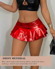 Women's Metallic PU Leather Mini Skirt - Ultra Short High Waisted Stretchy Clubwear Sexy Party Outfit - 紅色 - 查看 2