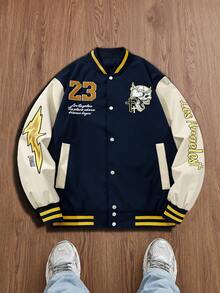 Men's Long Sleeve Casual College Style Patch Button Baseball Jacket, Fall Men Graphic Varsity Jacket, Christmas,Valentine's Day Gift