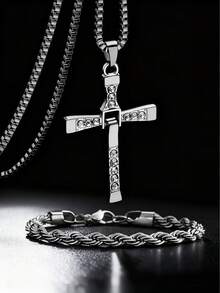 2pcs/Set Fashionable Men's Diamond Cross Pendant Necklace & Braided Chain Bracelet Set, Metallic Material, Jewelry Gift, Punk/Hip-Hop Style