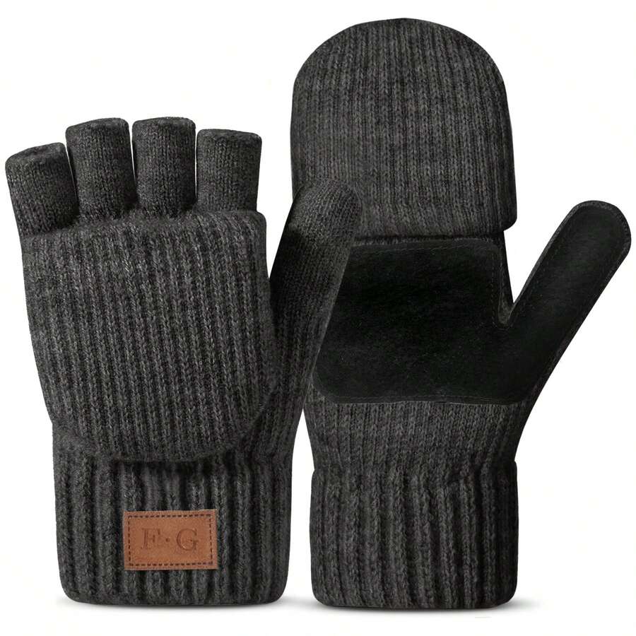 2-In-1 Convertible Fingerless Mittens For Men & Women - Warm, Touchscreen Compatible With 8 Fingers, Elastic Cuffs, High Elasticity & Anti-Skid Leather - Ideal For Winter Outdoor Activities, Daily Use - Grey - View 1