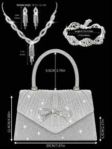 Shiny And Elegant Mini Bow Women's Evening Bag, Paired With Exquisite And Luxurious Rhinestone Bracelet, Necklace And Earrings Four-Piece Set, Simple And Fashionable Solid Color Pleated Flap Handbag, Suitable For Holiday Parties, Dances, Gatherings, Banquets, Weddings.It Is The Best Gift For The New Year. - Bạc - Xem 3