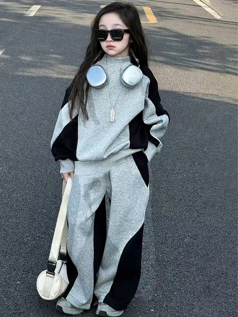 2pcs/Set Girls Casual Sports Street Fashion High-End Design Contrast Color Loose Top And Pants Set, Autumn/Winter - Multicolor - View 1