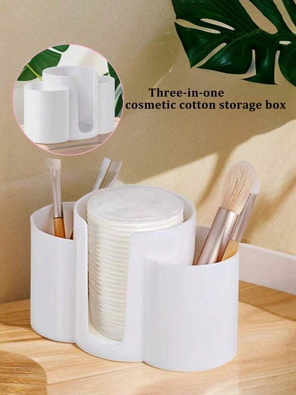 صندوق تخزين لوسادات المكياج 3 في 1، حامل لوسادات إزالة المكياج، منظم مكتبي، تصميم دائري ثلاثي الألوان وثلاثة فتحات