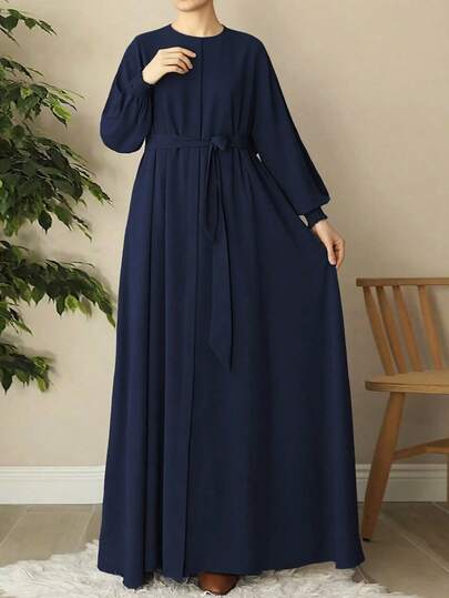 Solid Color Turkish Dubai Middle Eastern Style Women Long Robe Dress With Zipper, Belt, Flared Hem, Ruffle Trim, Long Sleeve Abaya