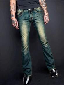 YANGCANREN Men's Fashionable Slim Fit Flared Stretch Jeans - Dark Green - View 5