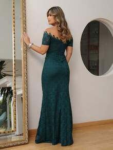 Long Off-The-Shoulder Party Dress In Shiny Lace - Dark Green - View 6