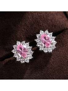 1 Pair Halo Stud Earrings For Women, Oval Cubic Zirconia With Crystal Surround, Metallic Tone Vintage Inspired Jewelry, Multiple Colors Available - 粉色 - 查看 2