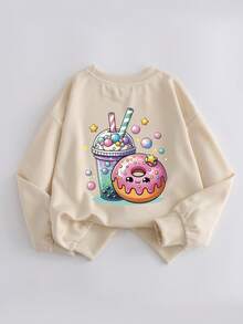 Tween Girl Casual Cartoon Donut Cute Face Girly Style Smile Pattern Round Neck Long Sleeve Black Sweater Pullover Autumn And Winter Style For Girls