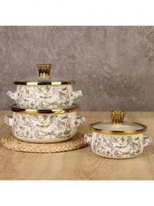 3pcs Enamel Crown Rim Milk Pot, Double Ear Pot, Enamel Bowl, Household Pot, Mini Pot, Enamel Soup Pot, Ramen Bowl, Small Hot Pot, Thick Enamel Pot, Mini Saucepan, Double Ear Electromagnetic Stove, Gas Stew Pot, Cooking Pot, Household Thick Double Ear Stew Pot, Lard Jar, Milk Pot With Lid, Dual-Use Electromagnetic Stove