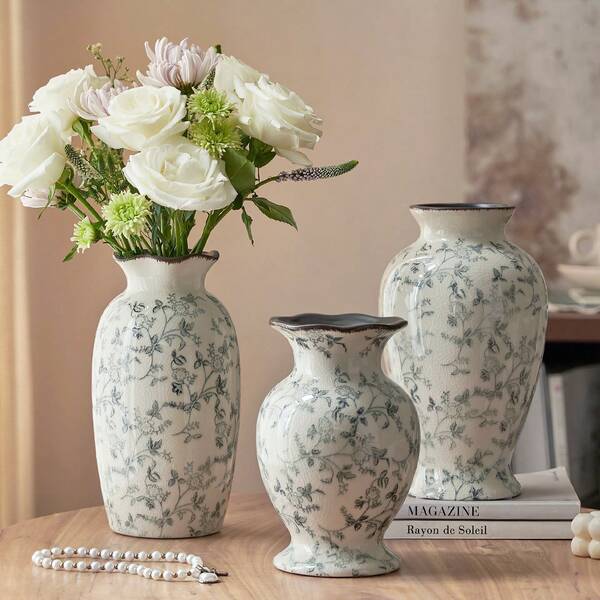 Jarrón cerámico chino retro de tinta, arreglo floral de flores frescas para decoración de sala de estar, mesa de comedor, hotel, ornamentos de decoración del hogar de alta gama