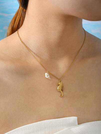 TONSI 1 件简约不锈钢 18K 镀金海马和贝壳吊坠项链，适合夏季海滩、节日、工作、派对的时尚珠宝
