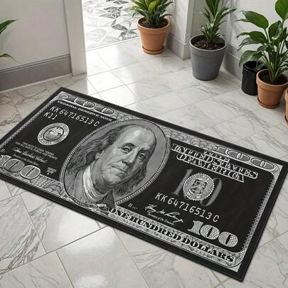 1pc Dollar Bill Design Mat - Black Soft PVC Floor Mat With Strong $100 Bill Print, Creative Pattern Decoration, Suitable For Entrance, Bedroom, Hallway - Durable And Easy-To-Clean Home Decor, Bedroom Mat |   Strong Pattern Mat |   PVC Material, Money Decoration