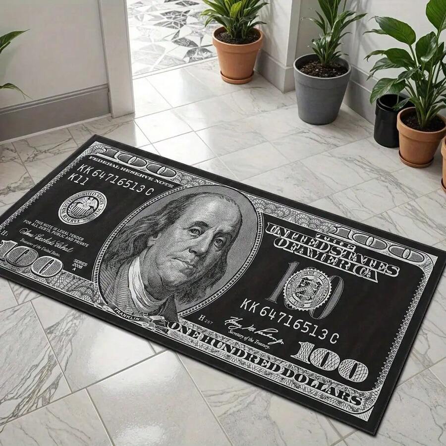 1pc Dollar Bill Design Mat - Black Soft PVC Floor Mat With Strong $100 Bill Print, Creative Pattern Decoration, Suitable For Entrance, Bedroom, Hallway - Durable And Easy To Clean Home Decor, Bedroom Mat| Strong Pattern Mat| PVC Material, Money Decoration - Multicolor - View 1