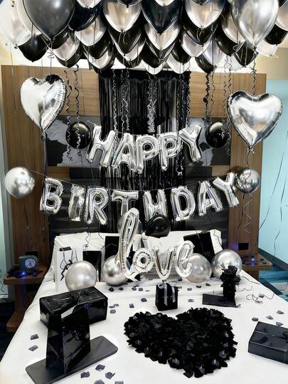551pcs Silver & Black Birthday Decoration Set | 500 Nonwoven Fabric Petals, Happy Birthday Banner Letters + Love & Heart Foil Balloons | Thick Latex Balloons, Dark Aesthetic Party Background, Suitable For Romantic Bedroom Decor, Midnight Surprise Birthday Party Decor, Influencer Photo Backdrop