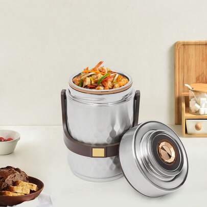  RainWeel 3-Tier Sealed Stackable Food Box For Daily Office Meals, Insulated Lunch Soup Box With Stackable Design, 2L Portable Lunch Box For Exercising, Camping (Red / Gold / Silver)