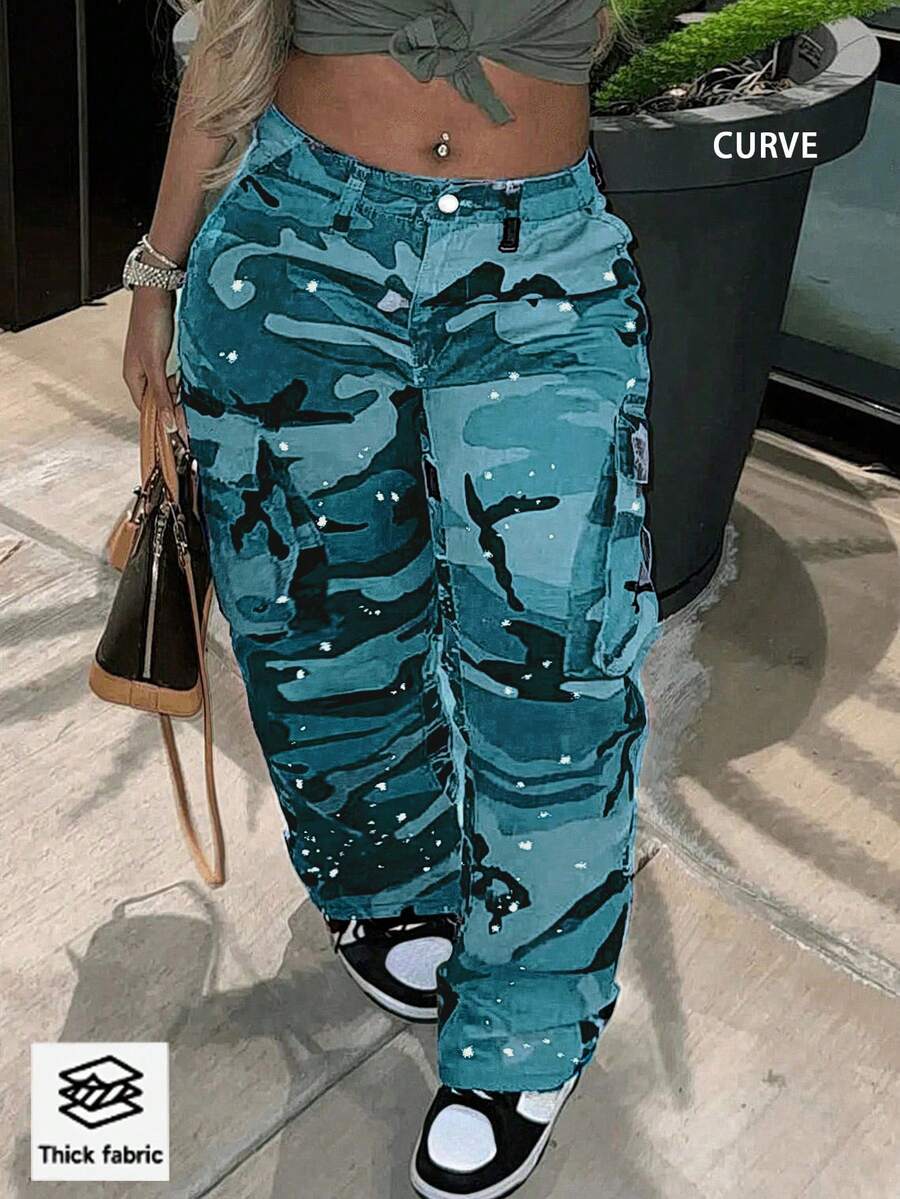 Plus Size Casual Straight Leg Camouflage Dotted Jeans, European And American Street Fashion, Suitable For All Seasons Spring - Blue Camouflage - View 1