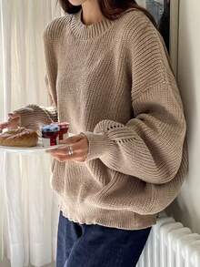 1 件女童休闲厚套头衫，秋冬舒适学生针织衫 - 柔软舒适的纯色毛衣，棕色针织毛衣 - 淺灰色 - 查看 2