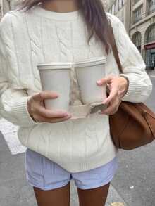 1件青少年女孩休闲纯色扭绳设计户外圣诞氛围套头衫保暖加厚针织毛衣，秋冬季 - 白色 - 查看 3