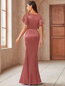 MIUSOL Elegant Sequin Lace Sweetheart Neck Ruffle Sleeve Satin Mermaid Hem Formal Party Maxi Fitted Dress Wedding Spring - Dusty Pink - View 2
