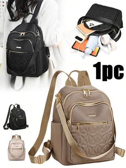 男女通用中性色方形双肩包 - 金色五金配件，带衬垫的笔记本电脑隔层，正面拉链，侧袋 - 旅行、工作、上学、日常使用皆宜 - 男女通用休闲双肩包，适合正式场合和日常使用，宽敞的主隔层，女士礼物，圣诞礼物，女士送礼佳品